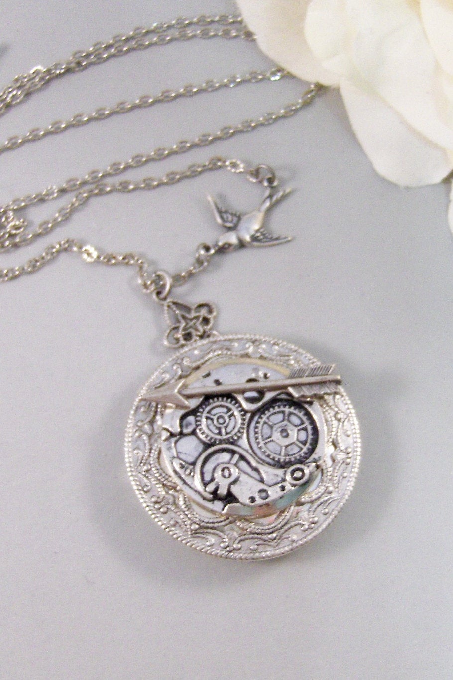 Little Bird's Arrow,Locket,Silver Locket,Steampunk Locket, Antique Locket,Arrow,Hungar Games,Bird . Handmade jewelry by valleygirldesigns.