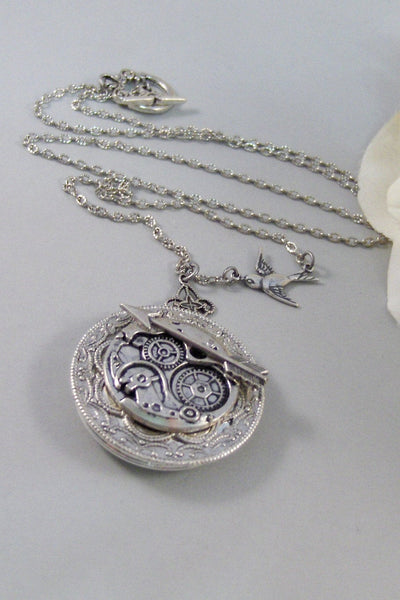 Little Bird's Arrow,Locket,Silver Locket,Steampunk Locket, Antique Locket,Arrow,Hungar Games,Bird . Handmade jewelry by valleygirldesigns.