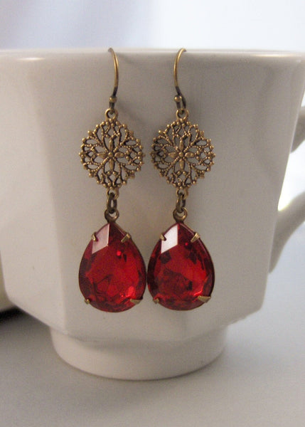 Anabelle,Vintage Earrings,Ruby Earrings,Brass Earrings,Ruby,Birthstone,Earrings,Rhinestone. Handmade Jewelry by valleygirldesigns.