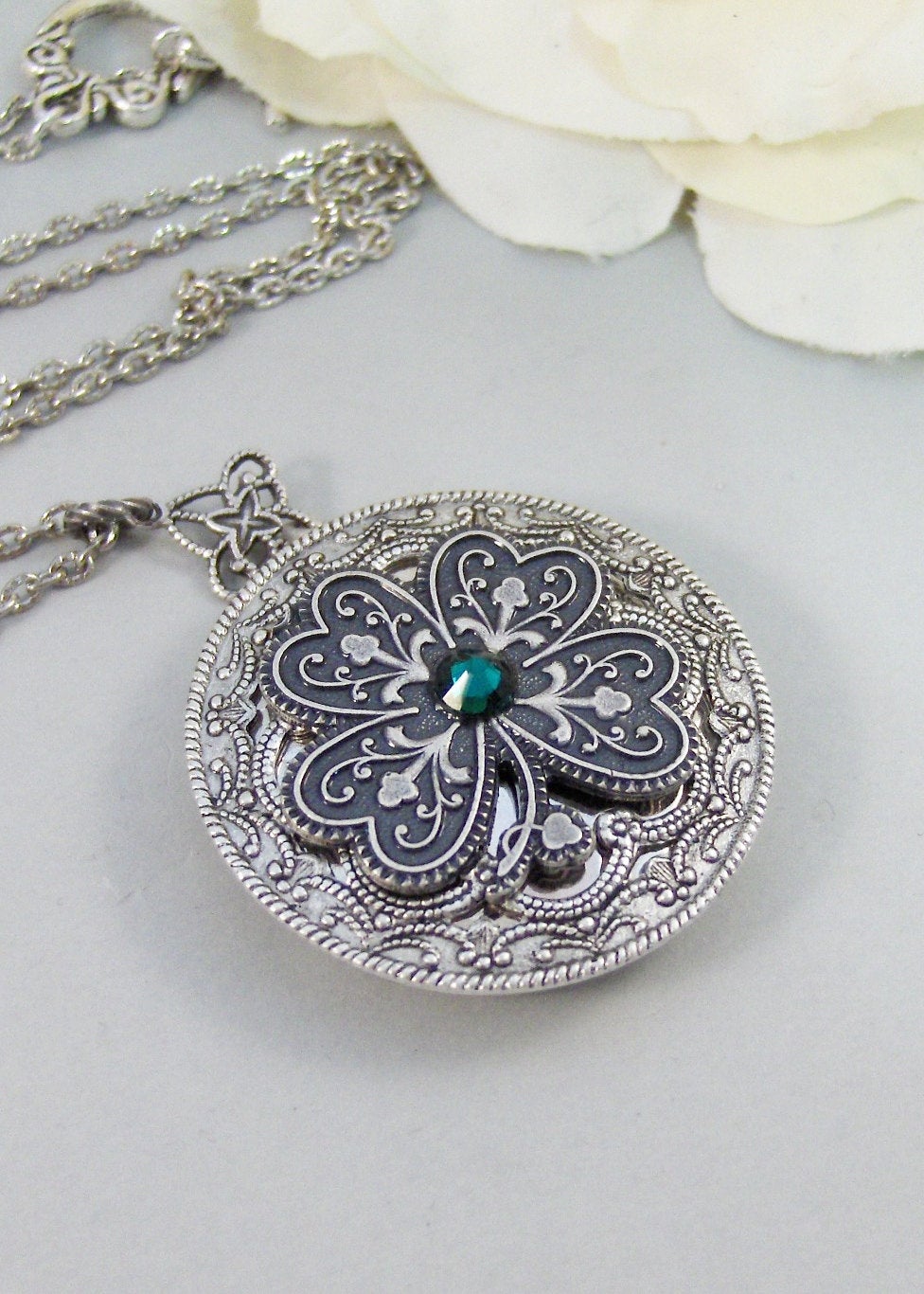 Irish Shamrock,Locket,Shamrock,Antique Locket,Silver Locket,Clover,Luck,Irish,Lucky, Shamrock,Love. Handmade jewelry by valleygirldesigns