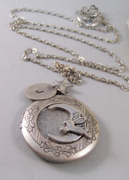 Bunny Moon,Locket,Silver Locket,Rabbit,Bunny,Persoanlize,Monogram,Antique Locket,Antique,Moon,Love You. jewelry by valleygirldesigns.