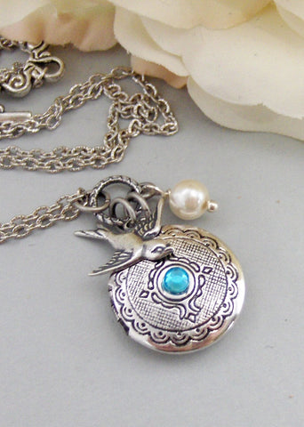 Arielle,Locket,Silver Locket,Silver Bird,Birthstone,Birthstone Jewelry,Antique Locket,Necklace.Handmade Jewelry by valleygirldesigns