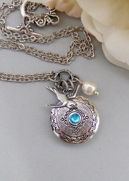 Arielle,Locket,Silver Locket,Silver Bird,Birthstone,Birthstone Jewelry,Antique Locket,Necklace.Handmade Jewelry by valleygirldesigns