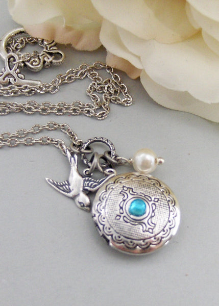 Arielle,Locket,Silver Locket,Silver Bird,Birthstone,Birthstone Jewelry,Antique Locket,Necklace.Handmade Jewelry by valleygirldesigns