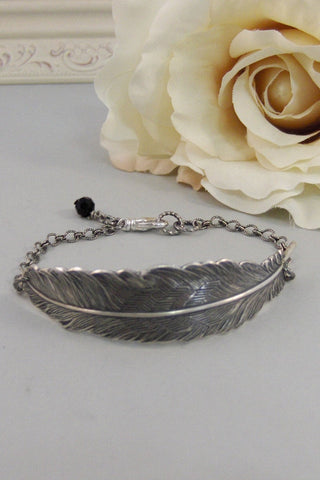 Silver Feather,Bracelet,Silver Bracelet, Antique Bracelet, Feather Bracelet,Black,Silver. Handmade Jewelry by Valleygirldesigns.