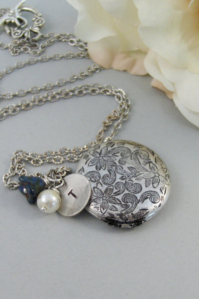 Enchanted Bellflower,Locket,Silver Locket,Blue,Flower,Persoanlize,Monogram,Antique Locket,Antique,Handstamped. jewelry by valleygirldesigns.