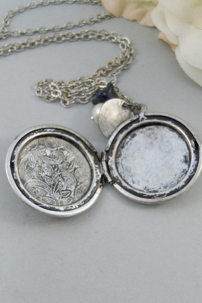 Enchanted Bellflower,Locket,Silver Locket,Blue,Flower,Persoanlize,Monogram,Antique Locket,Antique,Handstamped. jewelry by valleygirldesigns.