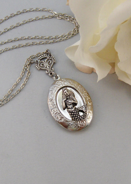 SALE/MerGirl,Locket,Mermaid, Mermaid Locket,Antique Locket,Silver Locket,Goddess,Ocean Locket,Handmade jewelry by valleygirldesigns