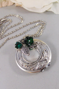 Emerald Maiden,Locket,Silver Locket,Flower,Green,Emerald,Irish,Antique Locket,Jewelry. Handmade jewelry by valleygirldesigns.