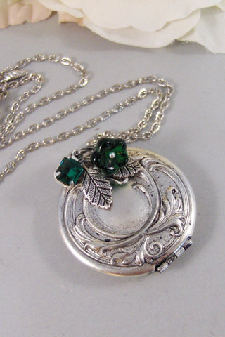 Emerald Maiden,Locket,Silver Locket,Flower,Green,Emerald,Irish,Antique Locket,Jewelry. Handmade jewelry by valleygirldesigns.