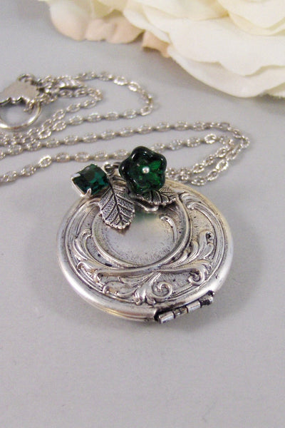 Emerald Maiden,Locket,Silver Locket,Flower,Green,Emerald,Irish,Antique Locket,Jewelry. Handmade jewelry by valleygirldesigns.