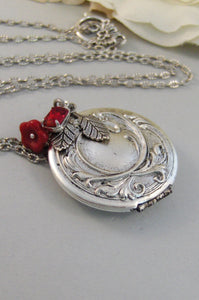 Scarlet Maiden,Locket,Silver Locket,Flower,Red,Ruby,Garnet,Antique Locket,Floral,Jewelry. Handmade jewelry by valleygirldesigns.