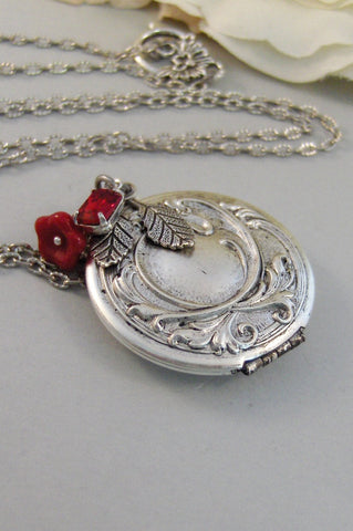 Scarlet Maiden,Locket,Silver Locket,Flower,Red,Ruby,Garnet,Antique Locket,Floral,Jewelry. Handmade jewelry by valleygirldesigns.