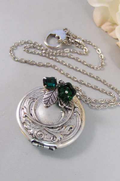 Emerald Maiden,Locket,Silver Locket,Flower,Green,Emerald,Irish,Antique Locket,Jewelry. Handmade jewelry by valleygirldesigns.