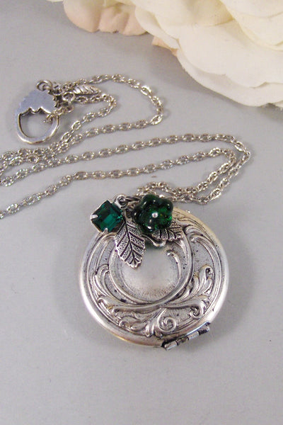 Emerald Maiden,Locket,Silver Locket,Flower,Green,Emerald,Irish,Antique Locket,Jewelry. Handmade jewelry by valleygirldesigns.