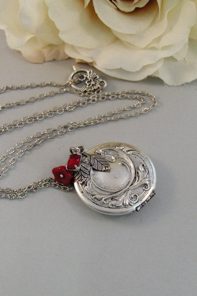 Scarlet Maiden,Locket,Silver Locket,Flower,Red,Ruby,Garnet,Antique Locket,Floral,Jewelry. Handmade jewelry by valleygirldesigns.