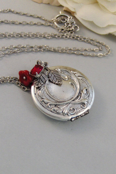 Scarlet Maiden,Locket,Silver Locket,Flower,Red,Ruby,Garnet,Antique Locket,Floral,Jewelry. Handmade jewelry by valleygirldesigns.