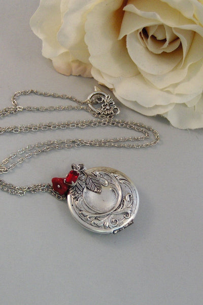 Scarlet Maiden,Locket,Silver Locket,Flower,Red,Ruby,Garnet,Antique Locket,Floral,Jewelry. Handmade jewelry by valleygirldesigns.