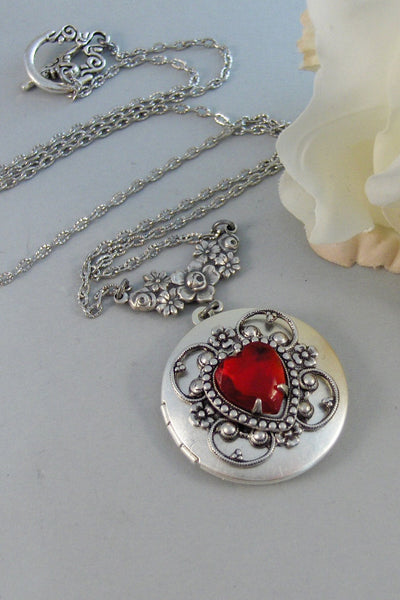 My Valentine,Locket,Silver Locket,Flower,Red,Ruby,Garnet,Antique Locket,Floral,Jewelry. Handmade jewelry by valleygirldesigns.