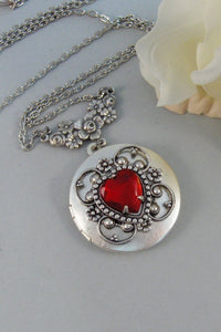 My Valentine,Locket,Silver Locket,Flower,Red,Ruby,Garnet,Antique Locket,Floral,Jewelry. Handmade jewelry by valleygirldesigns.