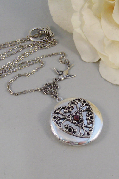 Birthstone Heart,Locket,Silver Locket,Victorian Locket,Heart,Antique Locket,Bird,Personalize,Birthstone. jewelry by valleygirldesigns.