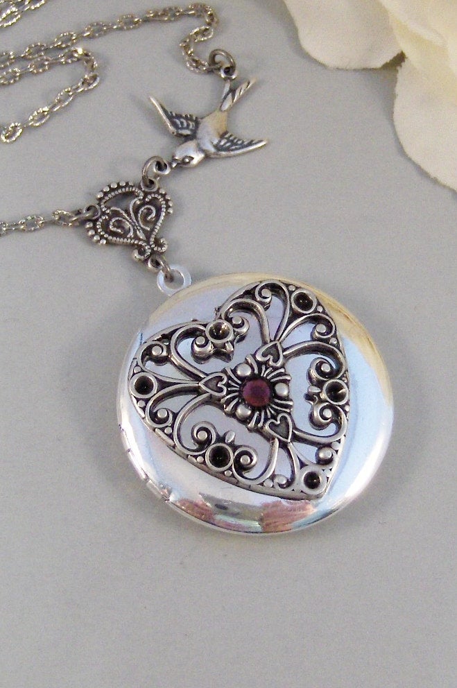 Birthstone Heart,Locket,Silver Locket,Victorian Locket,Heart,Antique Locket,Bird,Personalize,Birthstone. jewelry by valleygirldesigns.