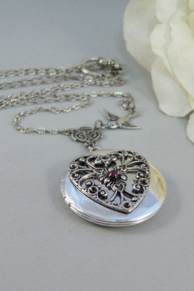 Birthstone Heart,Locket,Silver Locket,Victorian Locket,Heart,Antique Locket,Bird,Personalize,Birthstone. jewelry by valleygirldesigns.