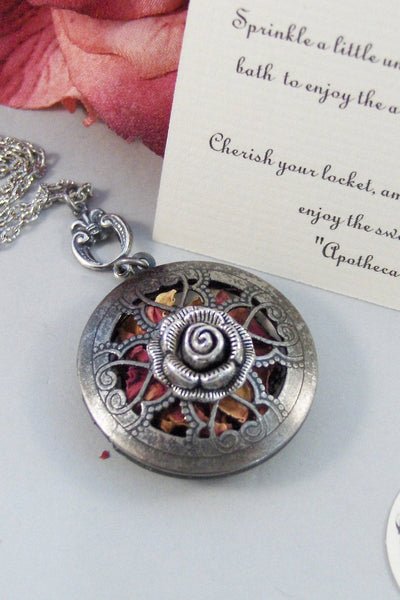 Scented Rose,Locket,Silver,Apothecary,Rose,Pink,Love,Antique Locket,Floral,Jewelry. Handmade jewelry by valleygirldesigns.