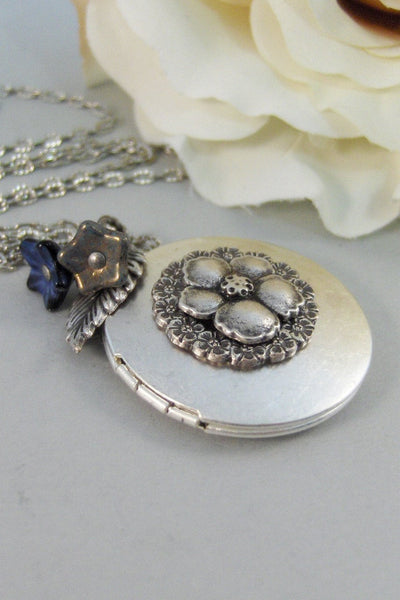Fairy Bloom,Locket,Silver Locket,Blossom,Flower,Blue,Fairy,Antique Locket,Night,Floral,Jewelry. Handmade jewelry by valleygirldesigns.