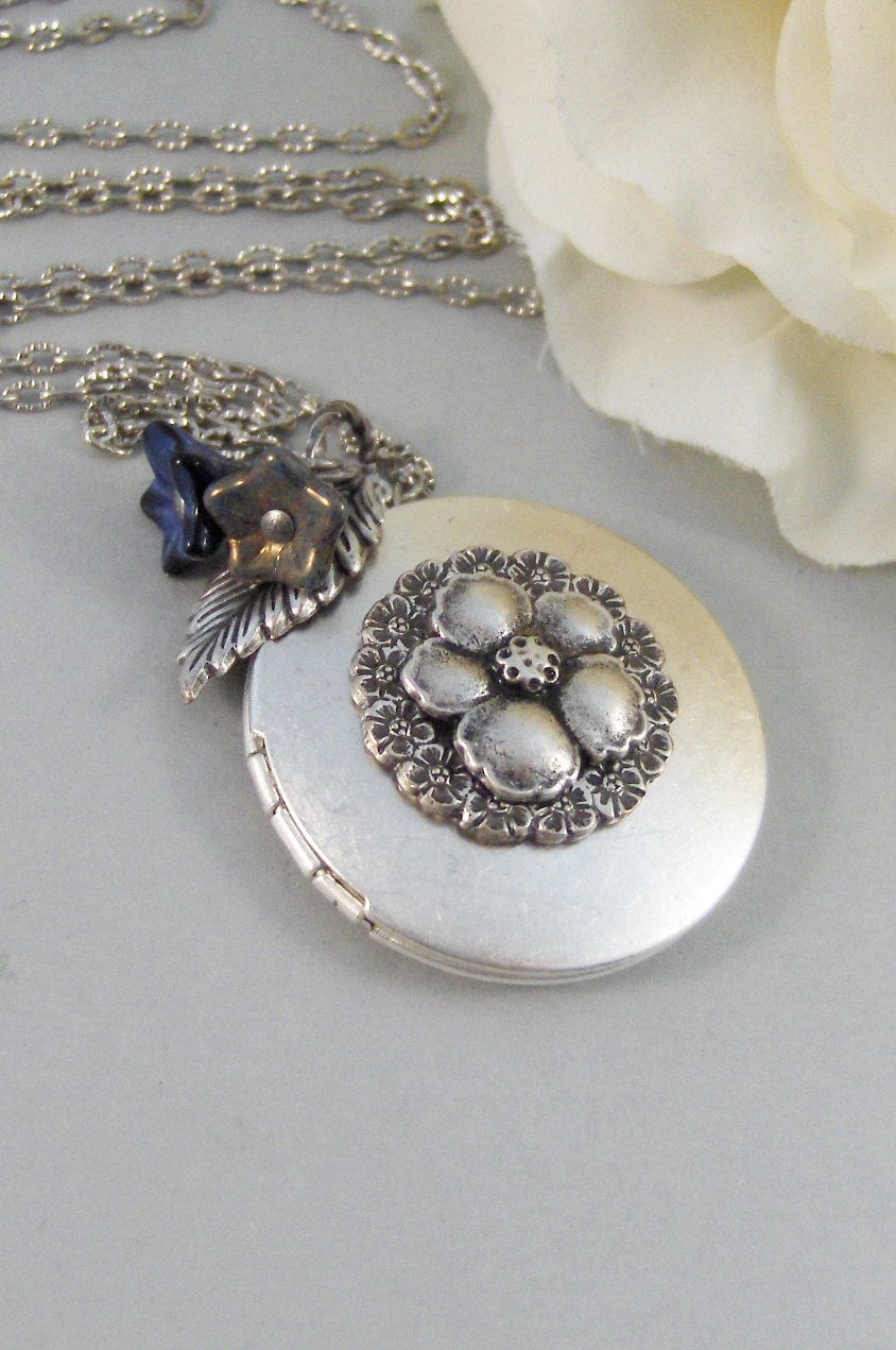 Fairy Bloom,Locket,Silver Locket,Blossom,Flower,Blue,Fairy,Antique Locket,Night,Floral,Jewelry. Handmade jewelry by valleygirldesigns.