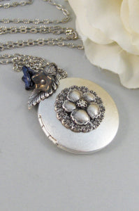 Fairy Bloom,Locket,Silver Locket,Blossom,Flower,Blue,Fairy,Antique Locket,Night,Floral,Jewelry. Handmade jewelry by valleygirldesigns.