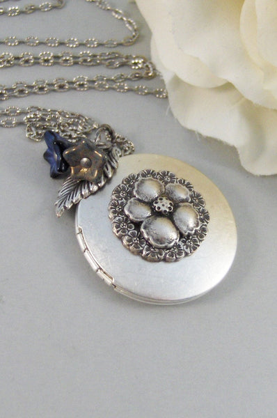 Fairy Bloom,Locket,Silver Locket,Blossom,Flower,Blue,Fairy,Antique Locket,Night,Floral,Jewelry. Handmade jewelry by valleygirldesigns.