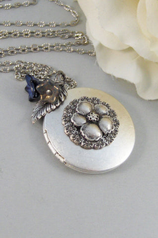 Fairy Bloom,Locket,Silver Locket,Blossom,Flower,Blue,Fairy,Antique Locket,Night,Floral,Jewelry. Handmade jewelry by valleygirldesigns.