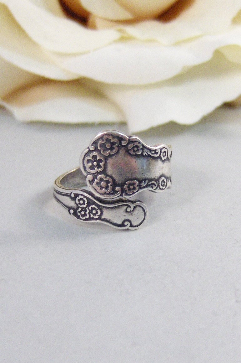 Dainty Blossom,Ring,Silver,Spoon,Spoon Ring,Antique Ring,Silver Ring,Wrapped,Adjustable,Bridesmaid. Handmade jewelery by valleygirldesigns.