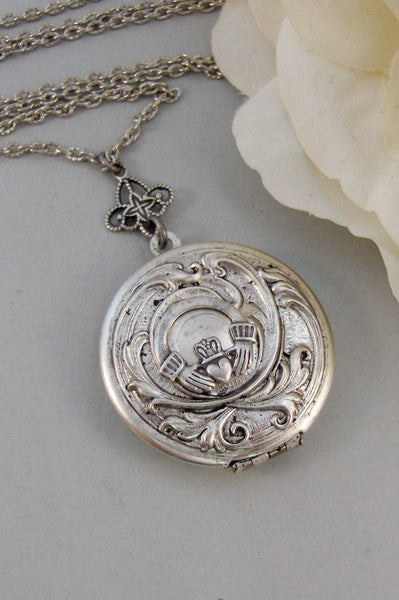 Caitlins Claddagh,Claddagh, Antique Locket,Silver Locket,Heart,Crown, Irish,Lucky, Shamrock,Love. Handmade jewelry by valleygirldesigns