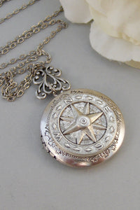 Silver Compass,Silver Locket,Locket, Antique Locket,Compass,,Victorian Locket,Pearl. Handmade jewelry by valleygirldesigns.