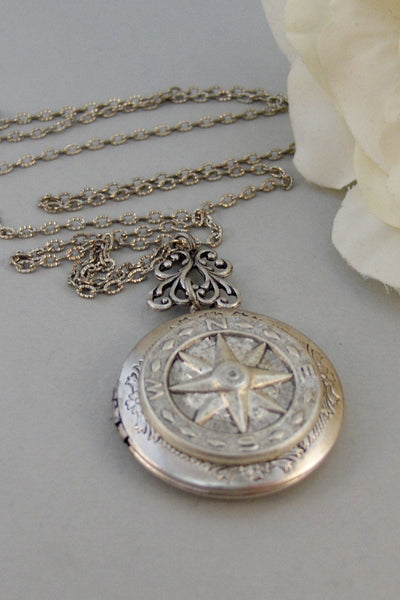 Silver Compass,Silver Locket,Locket, Antique Locket,Compass,,Victorian Locket,Pearl. Handmade jewelry by valleygirldesigns.