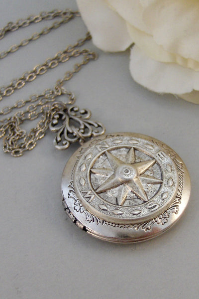 Silver Compass,Silver Locket,Locket, Antique Locket,Compass,,Victorian Locket,Pearl. Handmade jewelry by valleygirldesigns.