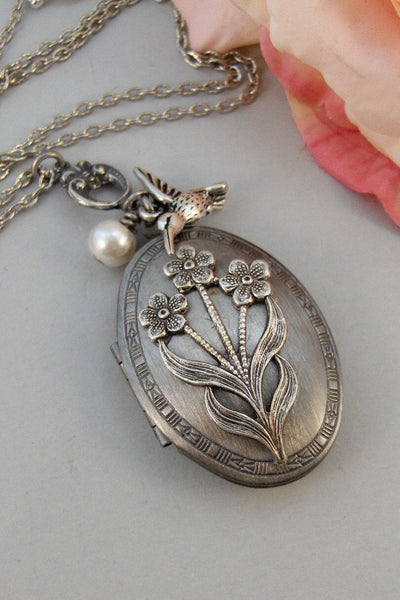 Hummingbird Bouquet,Locket,Silver Locket,Flower,Bird,Bouquet,Ivory,Antique Locket,Floral,Jewelry. Handmade jewelry by valleygirldesigns.