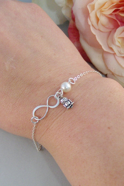 Wisdom,Bracelet,Mom,Owl,Mother,Thank You,Sterling Silver,Infinity,Silver Bracelet,Infinite,Pearl.Handmade jewelry by valleygirldesigns.