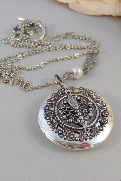 Enchanted Flower, Locket,Silver Locket,Antique Locket,Peacock.Feather,Tulip,Neckalce, Flower. Handmade Jewelry by ValleyGirlDesigns.