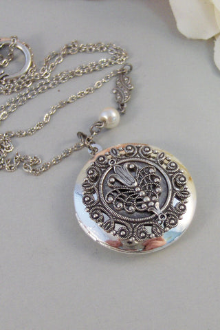 Enchanted Flower, Locket,Silver Locket,Antique Locket,Peacock.Feather,Tulip,Neckalce, Flower. Handmade Jewelry by ValleyGirlDesigns.