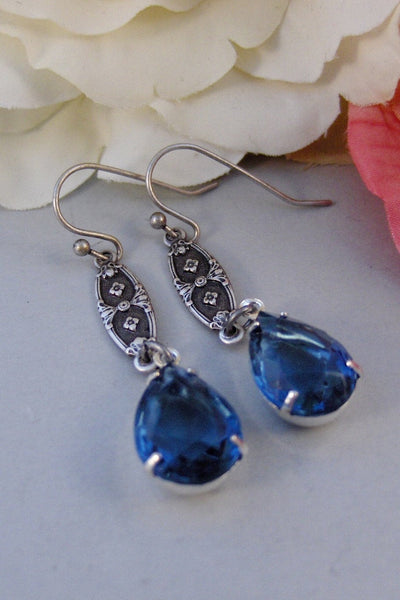 Stargazer,Earring,Vintage Earrings,Blue,Sapphire, Sapphire Earrings,Filigree,Navy,Rhinestone. Handmade Jewelry by valleygirldesigns.