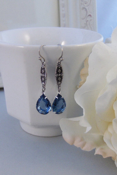 Stargazer,Earring,Vintage Earrings,Blue,Sapphire, Sapphire Earrings,Filigree,Navy,Rhinestone. Handmade Jewelry by valleygirldesigns.