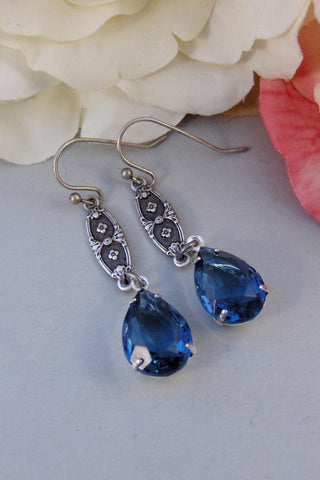 Stargazer,Earring,Vintage Earrings,Blue,Sapphire, Sapphire Earrings,Filigree,Navy,Rhinestone. Handmade Jewelry by valleygirldesigns.