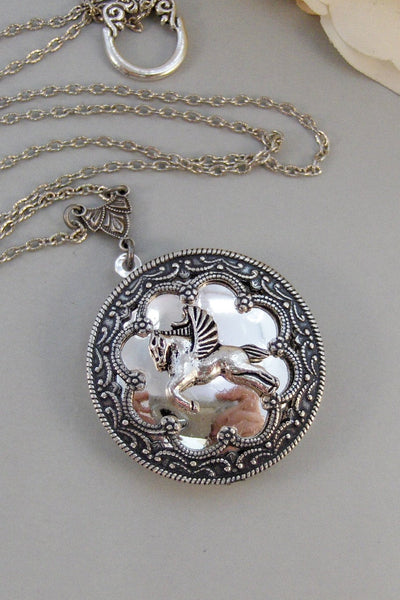 Pegasus, Locket,Silver Locket,Antique Locket,Flower Locket.,Horse,Wing,Fly. Handmade Jewelry by ValleyGirlDesigns.