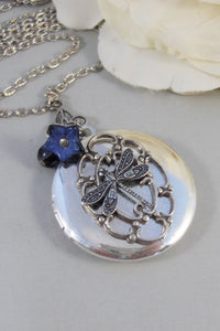 Sapphire Wings,Locket,Silver Locket,Dragonfly,Wing,Dragonfly Locket,Sapphrie,Necklace. Handmade Jewelry by valleygirldesigns