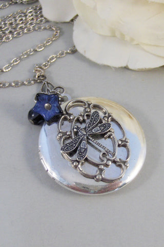 Sapphire Wings,Locket,Silver Locket,Dragonfly,Wing,Dragonfly Locket,Sapphrie,Necklace. Handmade Jewelry by valleygirldesigns