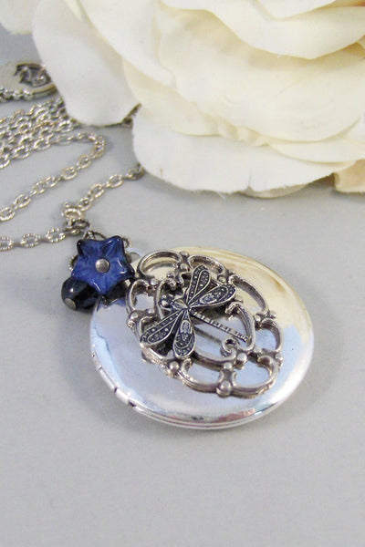 Sapphire Wings,Locket,Silver Locket,Dragonfly,Wing,Dragonfly Locket,Sapphrie,Necklace. Handmade Jewelry by valleygirldesigns