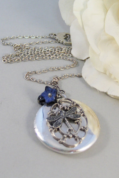 Sapphire Wings,Locket,Silver Locket,Dragonfly,Wing,Dragonfly Locket,Sapphrie,Necklace. Handmade Jewelry by valleygirldesigns